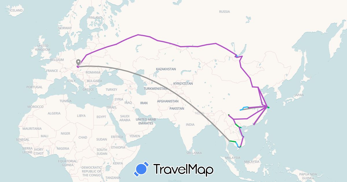 TravelMap itinerary: driving, bus, plane, cycling, train, hiking, boat, motorbike in Austria, Belarus, China, Cambodia, Mongolia, Poland, Russia, Thailand, Vietnam (Asia, Europe)
